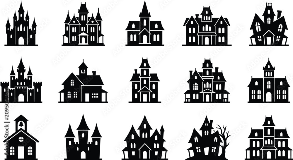 Naklejka premium Collection of spooky haunted house silhouettes for Halloween decorations and designs