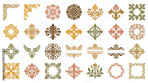 Fotografi Set of vintage floral ornaments and decorative frames.