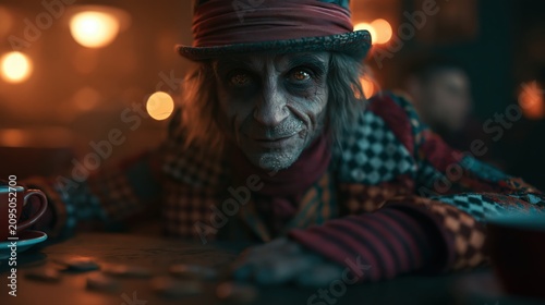 mysterious character in a dimly lit cafe