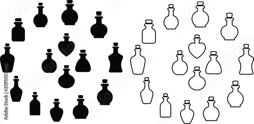 Black and white illustration of various potion bottles for Halloween or mystical themes