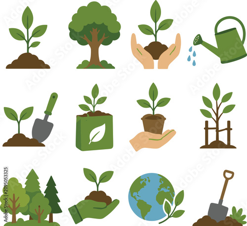 Bild auf Leinwand World Nature Conservation Day Tree Planting Icon Set, Flat Vector Gardening Bund