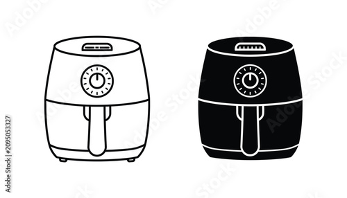 Modern air fryer icon collection, outline and solid kitchen appliance symbols for healthy cooking, household equipment and interface design.