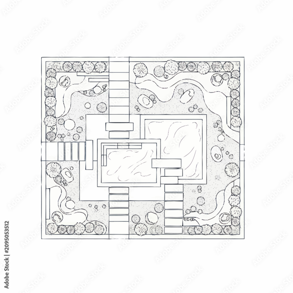 Obraz premium Detailed black and white garden landscape architectural plan.