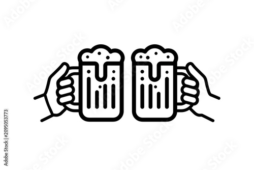 Minimalist line art icon of two hands holding beer mugs in a toast. Bold outlines show clinking glasses with foam, bubbles, and motion rays. Isolated illustration graphic.