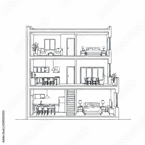 Modern multi level house interior floor plan drawing.