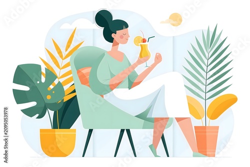 Elegant woman flat design illustration lounging comfortably in an armchair with an exotic beverage. Tropical potted plants and warm sunlight build a luxurious lounge atmosphere.