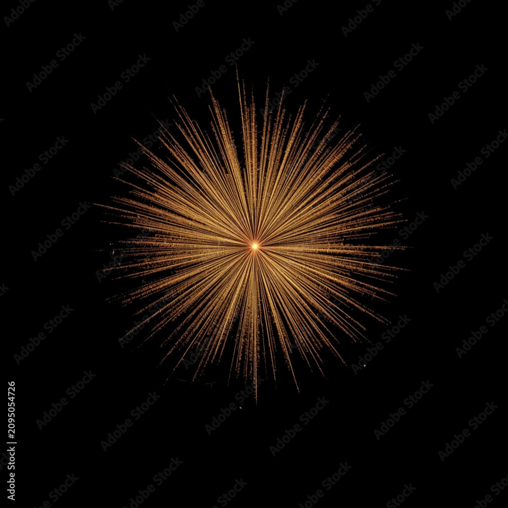 Obraz premium Stunning golden fireworks display bursting in starburst shape against dark night sky, festive celebration and light show.
