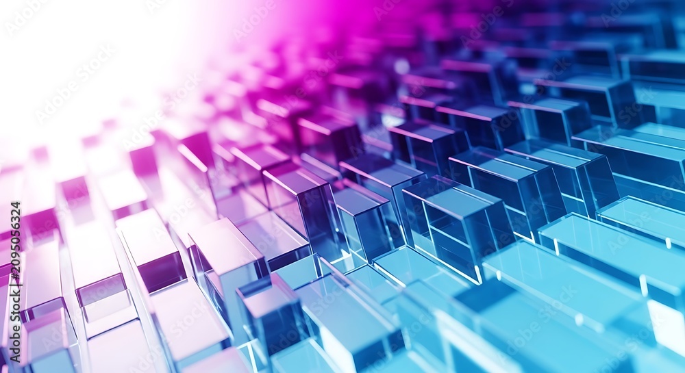 Fototapeta premium Abstract background of glowing blue and purple glass cubes in a futuristic digital landscape
