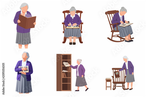 Senior woman looking at old photo album and reading books collection of flat vector illustrations on white background