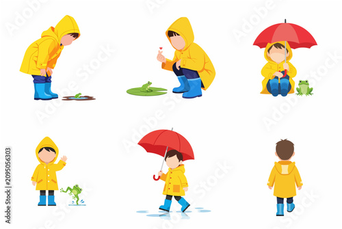 Set of illustrations of a little boy in a yellow raincoat and blue boots playing in the rain with a frog and a red umbrella