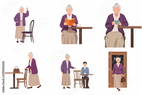 Set of elderly woman character illustrations in a cafe. Senior lady enjoying coffee, reading a book, and socializing. Flat vector design.