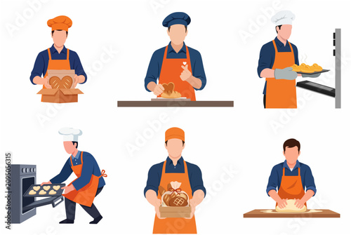 Set of male baker character illustrations in various baking processes, from kneading dough to packing fresh bread, isolated on white background