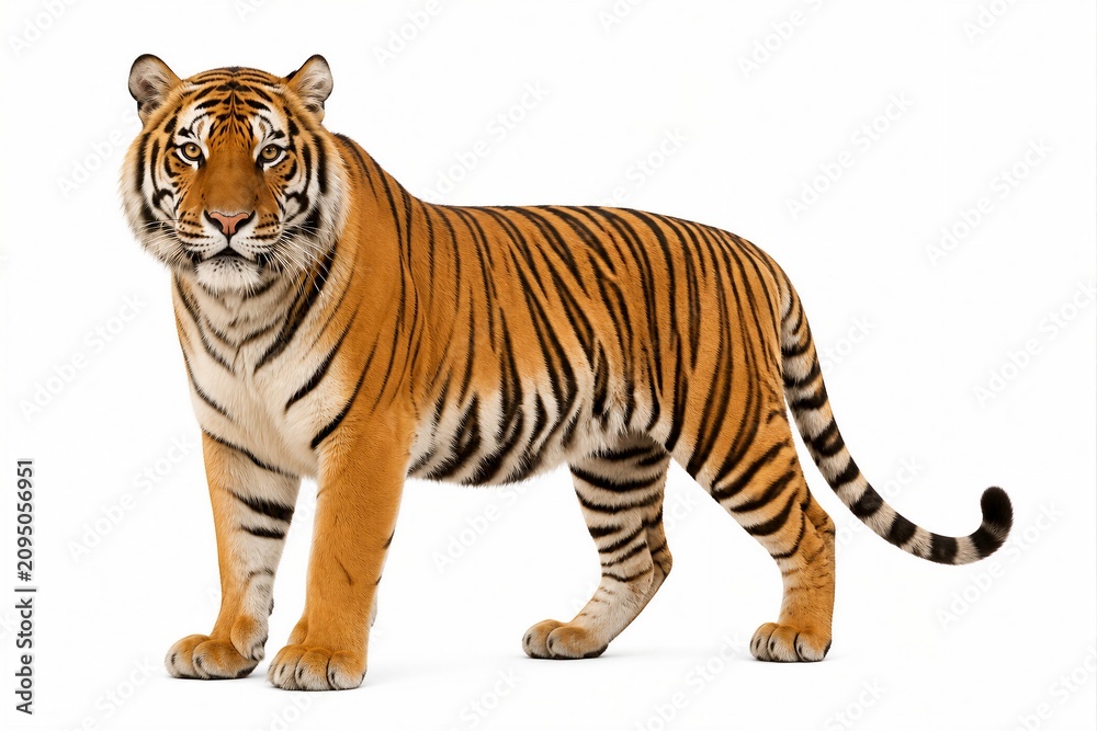 Obraz premium A tiger stands on a white background. The tiger's fur shows shades of orange and black. It has a strong posture and an alert expression. The setting emphasizes the tiger's features.