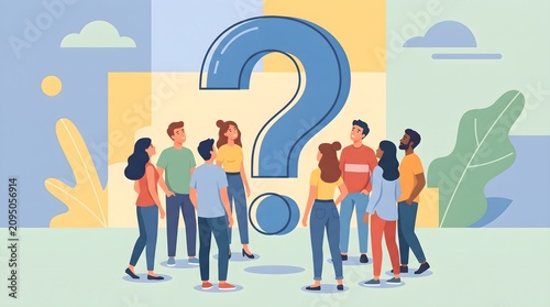 Crowd of Diverse People Looking Up at Giant Question Mark - Frequently Asked Questions, Business Problem Solving, and Confusion Vector Concept