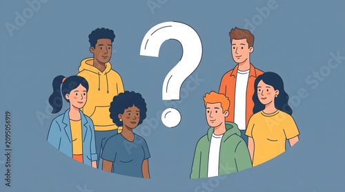 Group of Diverse Young People Standing Around Big White Question Mark - FAQ, Confusion, and Survey Vector Concept