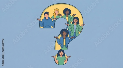 Diverse People Shrugging Inside Big Question Mark Sign - Confusion and Frequently Asked Questions Vector Concept