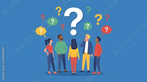 People Looking Up at Giant Question Mark: Business Team Brainstorming, FAQ, and Problem Solving Concept Vector