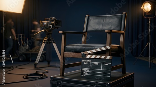 Director's Chair and Clapperboard, Studio Environment, Photography, Professional Lighting, Cinematic Viewpoint