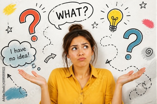 A woman stands with her hands open, showing confusion. She is in front of a wall with colorful speech bubbles and light bulbs. The setting appears playful and creative.