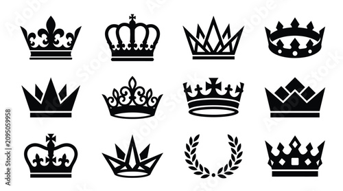 Fotografía Set of royal crowns, vector icons of king and queen headwear, heraldic symbols,