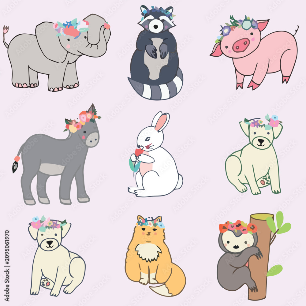 Fototapeta premium Floral crown animals illustration featuring elephant raccoon pig donkey rabbit dog sloth and meerkat