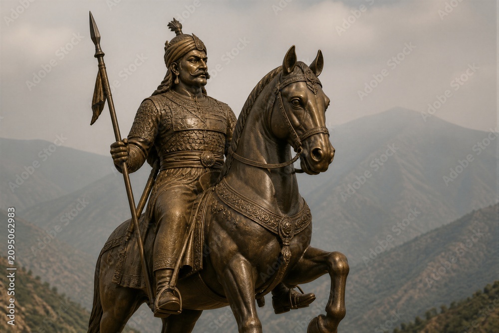 Fototapeta premium A statue shows a warrior on a horse, holding a spear high. It stands in front of mountains. The sky is cloudy, and the sun is shining.