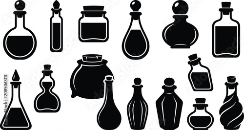 Photos Black and white illustration of various potion bottles for Halloween