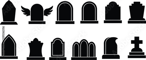 Bilde på lerret Black silhouettes of various tombstones and grave markers for Halloween or memor