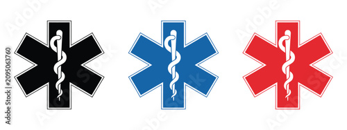 Obraz na plátně Star Of Life Icon Set Featuring Medical Emergency Symbols With Rod Of Asclepius, First Aid, Healthcare Safety, Rescue Services, And Emergency Response Concepts, Clean Flat Vector Illustration