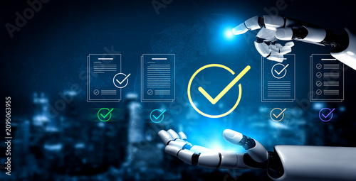 Konstfotografi A robotic hand points at a glowing checkmark with business documents in the background, symbolizing quality assurance and technological advancement in modern industry