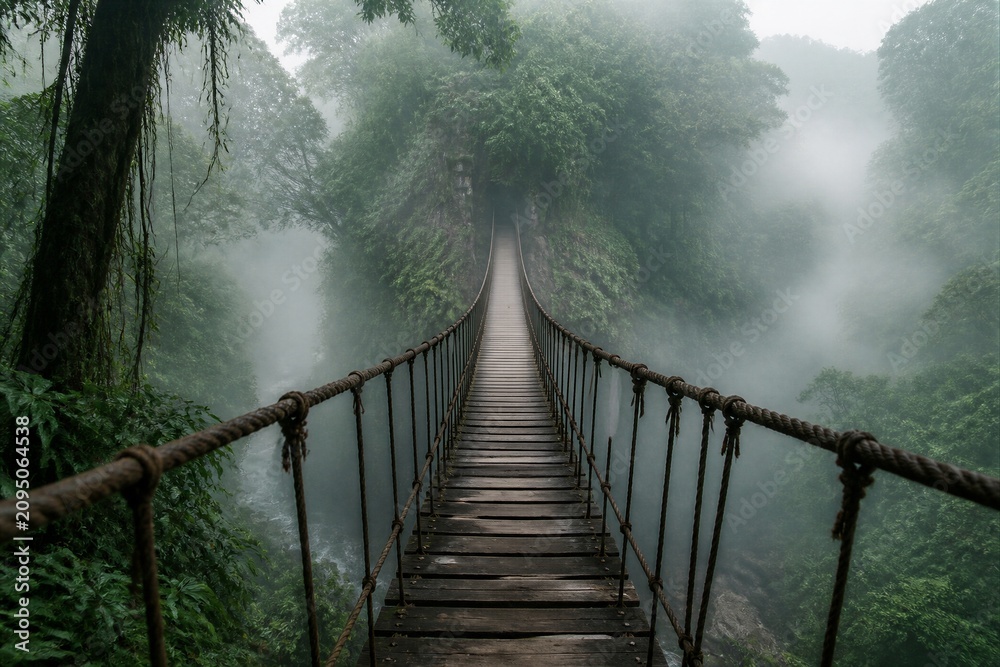 Fototapeta premium Rope suspension bridge disappearing into foggy jungle ravine