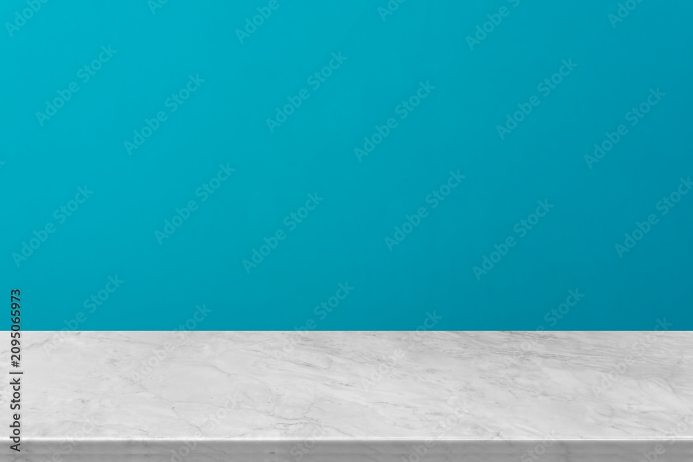 Fototapeta premium Marble countertop with light concrete wall background, ideal for product display, mockup, minimalist kitchen or bathroom interior, luxury texture design, clean and modern empty surface