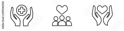 Medical care and health insurance line icon set. Wellness, support, and mental well-being linear icon collection. Vector illustration.