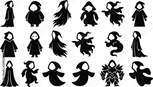 Foto Collection of dark hooded figure silhouettes for Halloween design elements