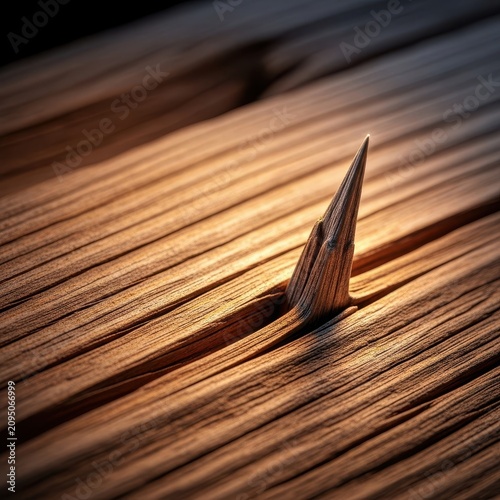 Macro shot detailing a single, dangerously sharp wooden sliver emerging from the coarse grain of old, dry timber, indicating fragility, hazard, macro, brown