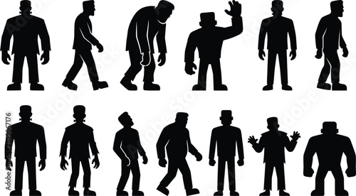 Cuadro en lienzo Black silhouettes of Frankenstein's monster in various poses for Halloween graph
