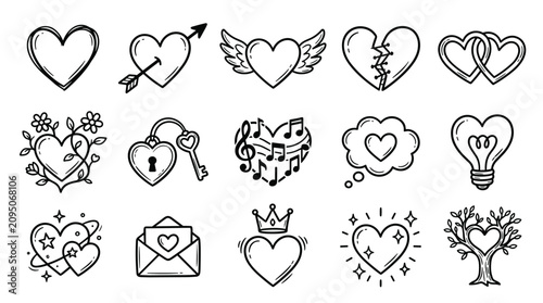 Collection of various hand drawn heart doodles featuring winged broken music notes padlock and tree themes for romantic greeting cards and wedding invitations.
