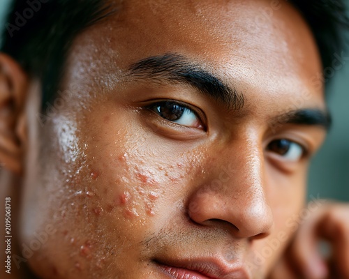 Close-up of a young man's face with acne scars and blemishes, symbolizing skin vulnerability, real beauty standards, and dermatological care.