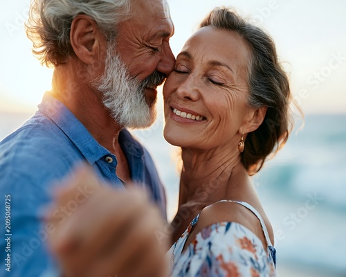 Close-up of a senior couple embracing with eyes closed at sunset beach, symbolizing lifelong love, emotional intimacy, ageless romance, and silver split happiness.