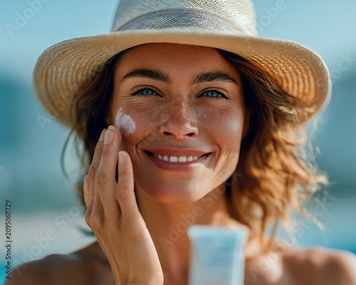 Smiling woman in straw hat applying sunscreen to her cheek, symbolizing conscious aging, melanoma prevention, sun-kissed beauty, and healthy UV protection.