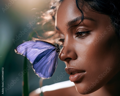 Artistic portrait of a woman with a purple butterfly on her nose, metaphorically symbolizing lupus awareness, chronic illness resilience, and fragile beauty.
