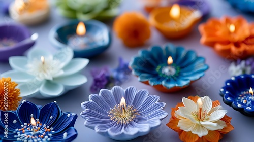 Colorful flower-shaped clay diya lamps burning on a purple background, symbolizing light over darkness, Hindu traditions, and the festive spirit of Diwali.