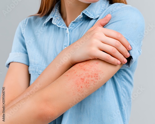 Close-up of a woman scratching a red allergic skin rash on her arm, symbolizing physical discomfort, immune system reaction, and dermatological health problems.