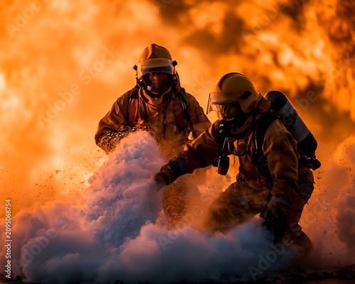 Firefighters in full gear deploying a water fog shield to battle intense flames, symbolizing bravery, emergency response, climate crisis hazards, and ultimate protection.
