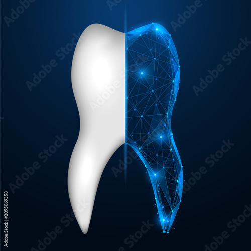 Future dental technologies.A tooth divided into two halves: realistic and digital. The concept of digital diagnostics, prosthetics, orthodontics, digital casts and high-tech dental treatment.