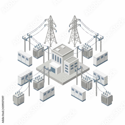 Isometric power plant with electrical infrastructure and transformers.