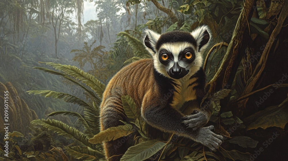 Fototapeta premium Ring-tailed lemur in lush rainforest, gazing intently.