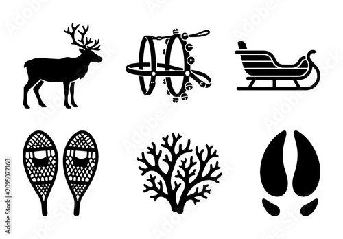 6 Winter Holiday Silhouette Icons: Reindeer, Sleigh, Snowshoes, Harness, Branch, Hoofprint