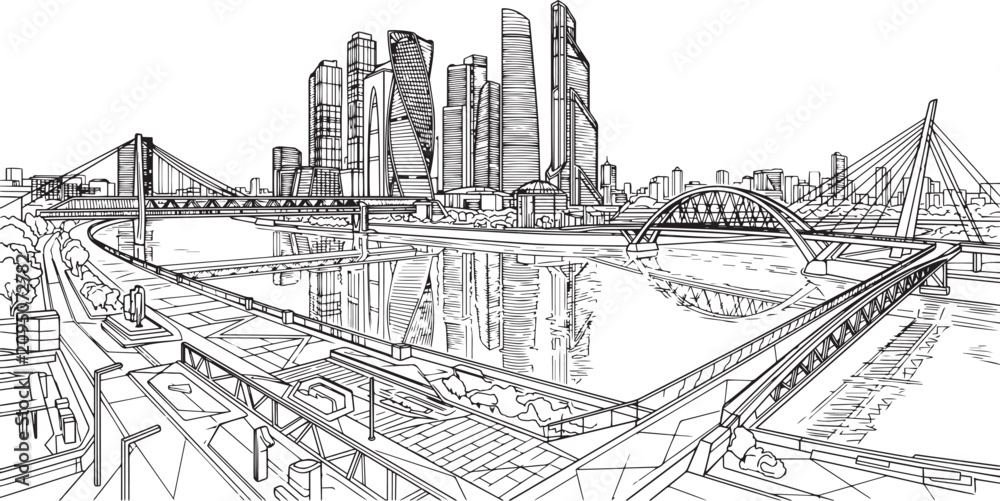Fototapeta premium City landscape. Line urban backdrop, different buildings on street, doodle street draw, outline cityscape hand sketch, flat houses. Hand drawn vector illustration