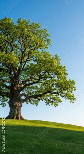 A massive ancient oak tree stands alone on a grassy hill against a clear blue sky, representing endurance, resilience, and solid strength, solid, stout, powerful